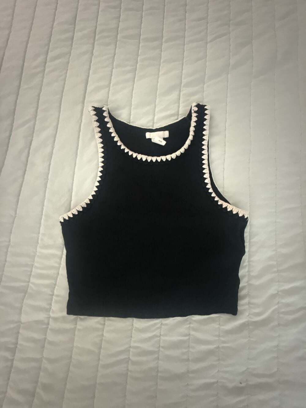 H&M Black Cropped Ribbed Tank Top with White Crochet Trim Size S